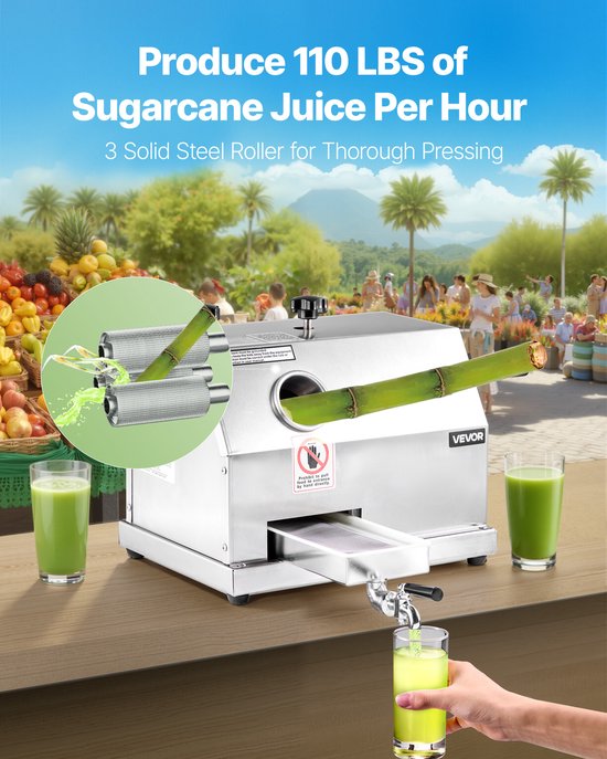 VEVOR Commerciële Suikerrietpers, 110 Lbs/U Zware Suikerrietpersmachine met 3 Roestvrijstalen Rollen, 2,4" Grote Inlaat, Handmatige Suikerrietpers voor Thuis/Commercieel van Vevor — afbeelding 3