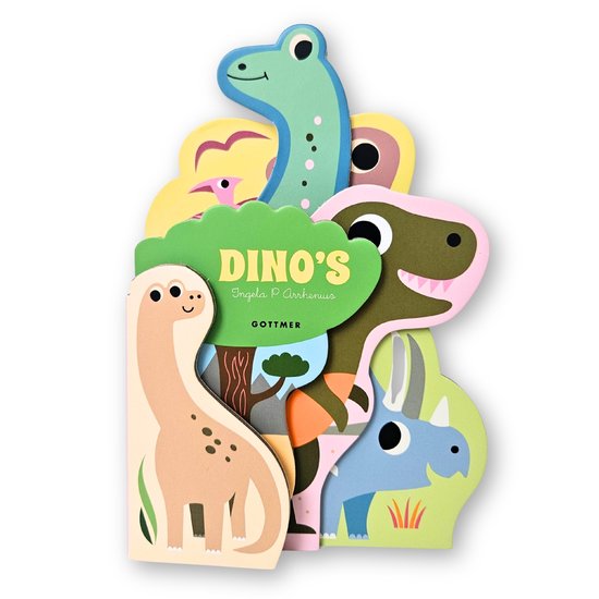 Een stapelboekje met dinosaurussen in felle kleuren, met de titel 'DINO'S' op een groene boomstronk.