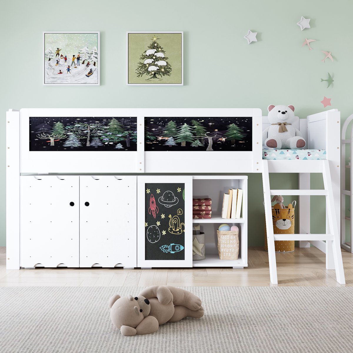 REDOM - Bedframe - Hoogslaper met dubbeldeurs opbergkast en krijtbord - Schuine tweestapsladder en veiligheidshekje - Hout en MDF - Wit en Zwart - 90 x 200 cm