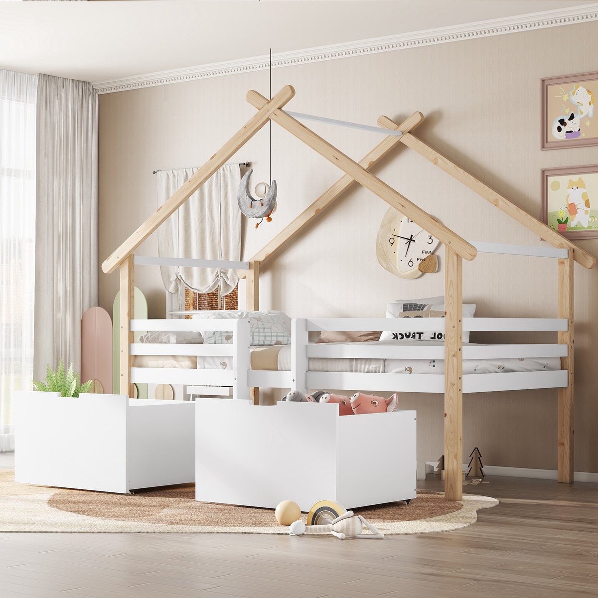 REDOM Kinderbed 90x200 cm van massief hout en MDF, halfhoog met trap en veiligheidshek
