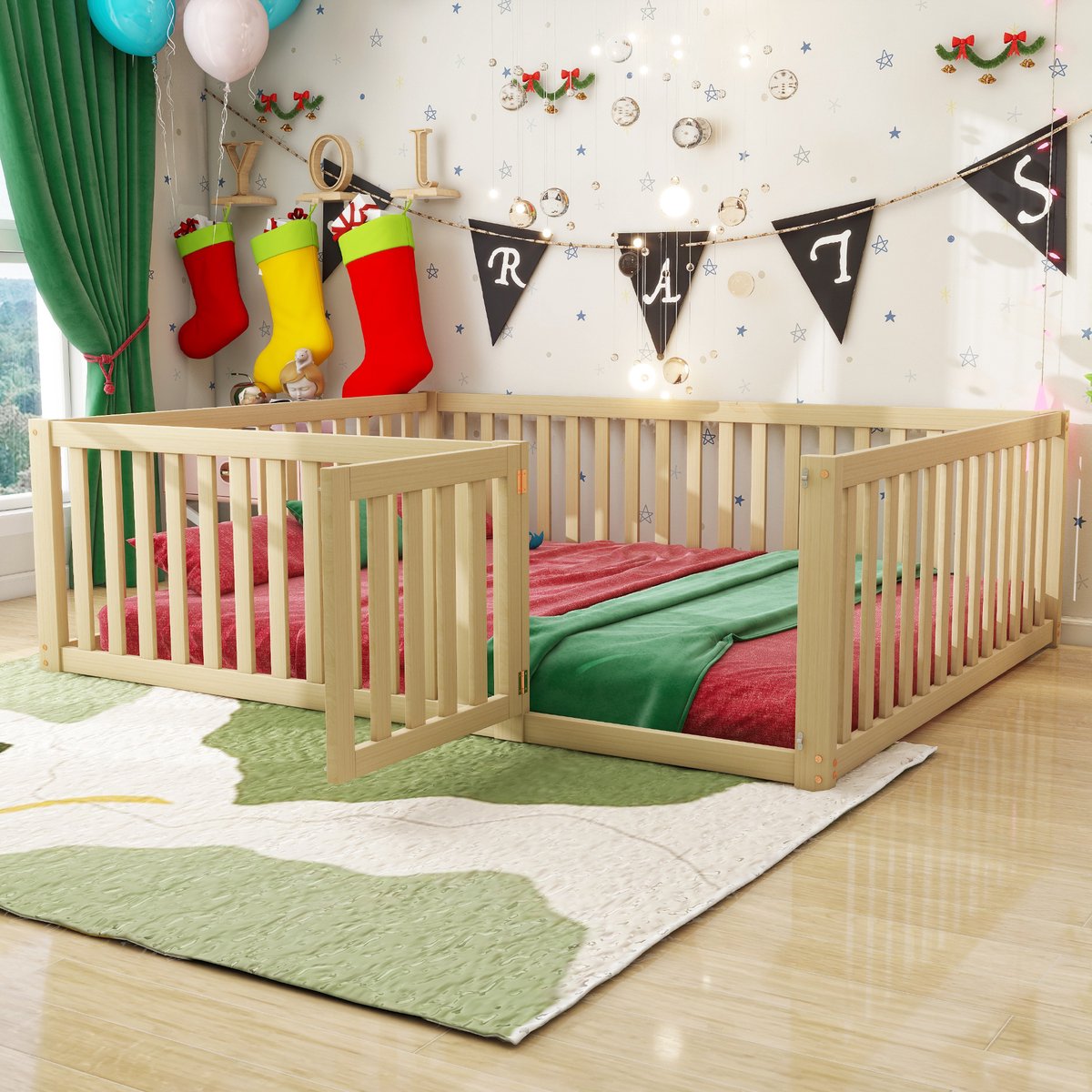 REDOM Kinderbed 140x200 cm van massief hout – Laag vloerbed met deurtje en veiligheidshek – Naturel Natuurlijk