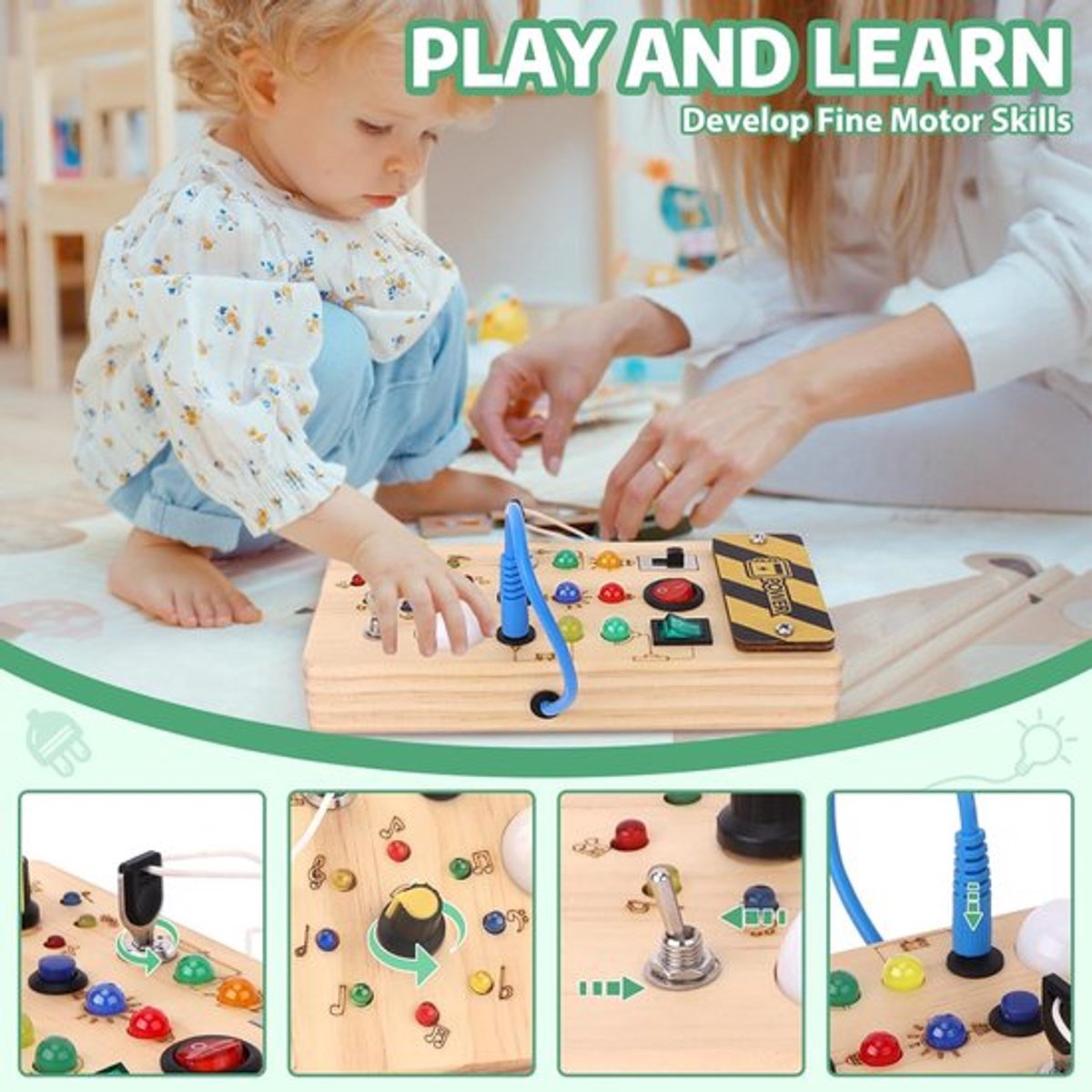 Montessori Busy Board met LED Lichtjes - Houten Activiteitenbord - Educatief Speelgoed 1 Jaar, 2 Jaar, 3 Jaar - Sensorisch Reisspeelgoed voor Peuters - Motoriek Speelgoed — afbeelding 5
