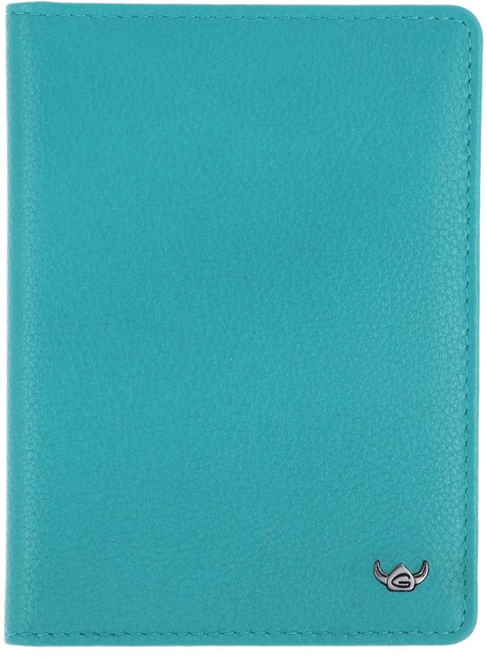 Turquoise leren portemonnee met metalen logo aan de voorkant.