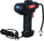 Zwarte draadloze luchtcompressor met digitaal display, rode schakelaar en 12V aansluiting.