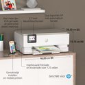 Witte HP Envy Inspire 7220e printer op een bureau, met afmetingen en functies.
