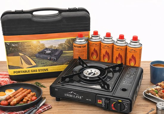 SMH LINE® Camping kooktoestel - Incl. 10x gasflessen en koffer - Draagbaar Gasfornuis - Noodpakket