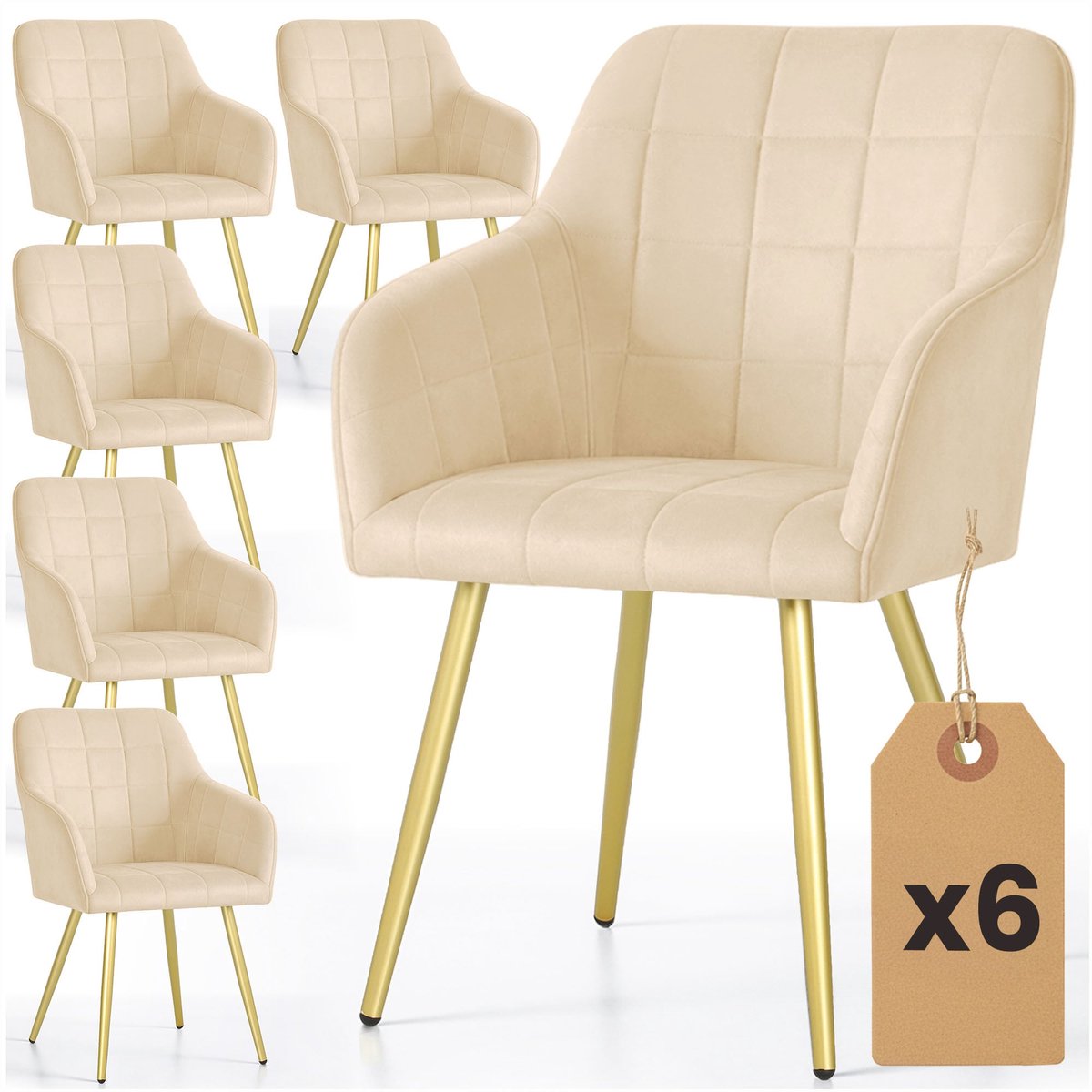 Set van 6 Eetkamerstoelen LUXANO met Armleuningen / Gestoffeerde Stoelen / Fluwelen Stoelen en Metalen Poten / Beige met gouden benen