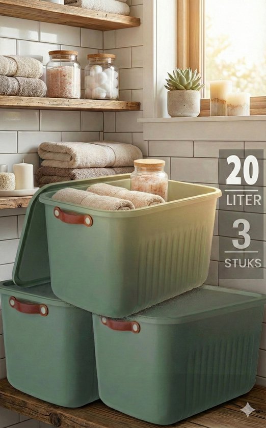 Drie groene 20L opbergboxen met deksel en bruine handgrepen, gevuld met handdoeken.