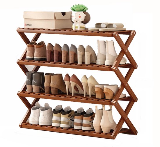 Porte-chaussures en Bambou Hearyoo – Meuble à Chaussures 4 Niveaux – Porte-chaussures Compact pour Couloir ou Entrée