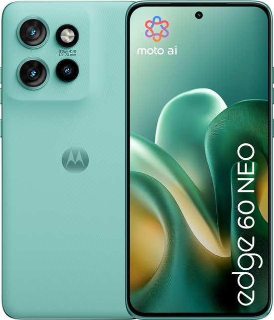 Turquoise Motorola Edge 60 Neo 5G met drie camera's aan de achterkant en het 'moto ai' logo op het scherm.
