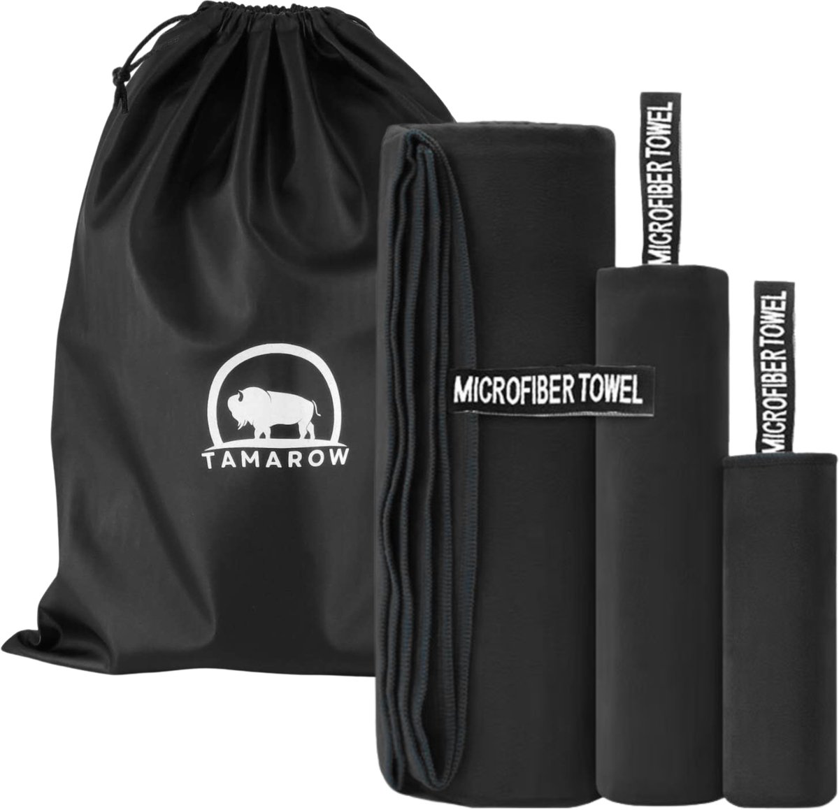 Tamarow Sneldrogende Microvezel Handdoek Set - Reishanddoek - Sporthanddoek - 3 stuks - Zwart