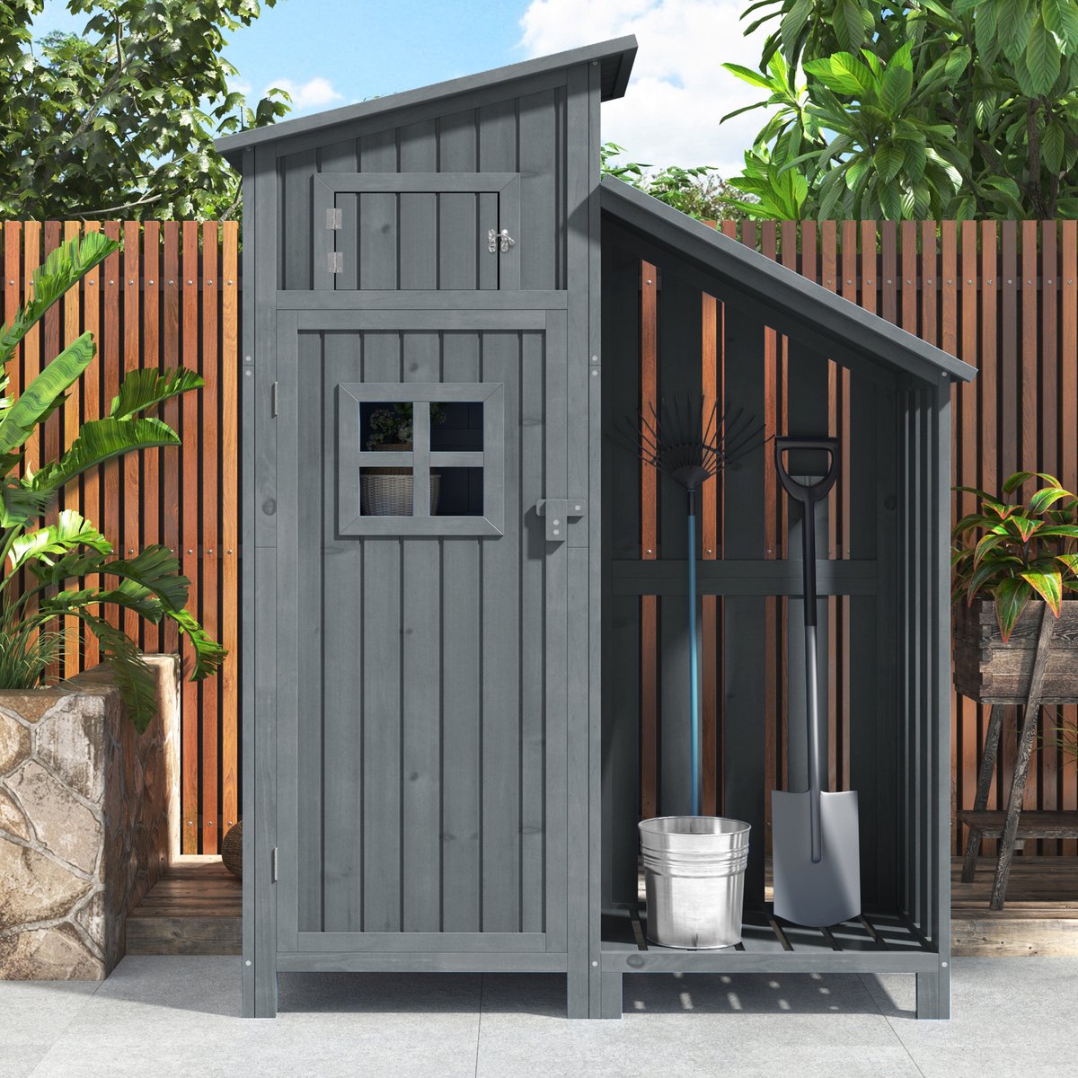 HAUSS SPOLE Gartenschuur Waterdicht – 124x46x174 Cm – Massief Hout – Grijs – Opbergkast Voor Tuin Terras Balkon – Met 2 Planken