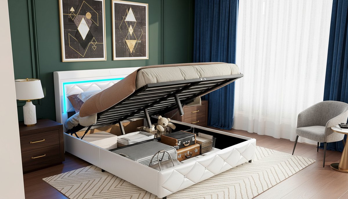 Opbergbed 160x200 cm – Casa Velluto Lumina Luxe Tweepersoonsbed met LED Verlichting, USB Aansluiting, Hydraulische Opbergruimte, Gevoerd Hoofdbord en Lattenbodem – PU Leer Wit
