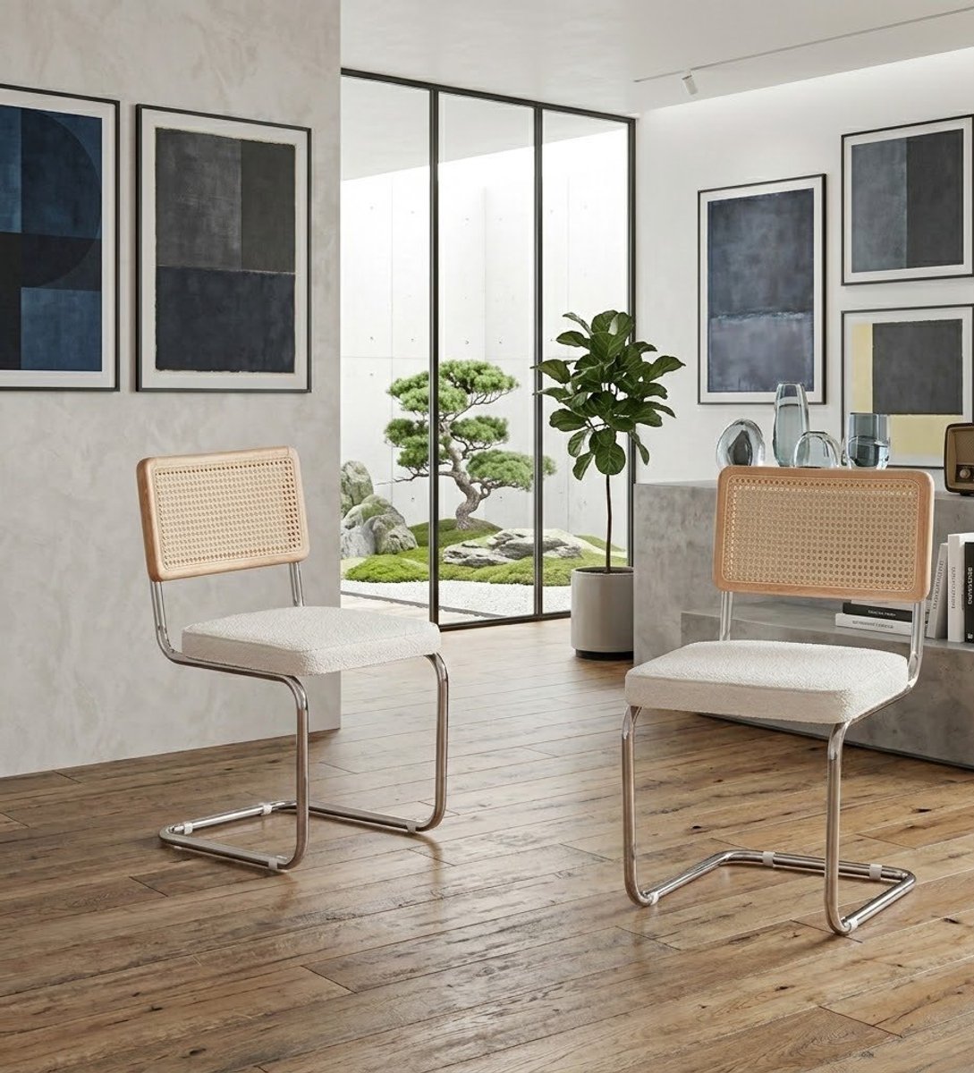 Moderne Eetkamerstoelen met Netrotan Rugleuning & Zachte Teddy Bekleding - Set van 2 - Wit - Comfortabele Vrijdrande Keukenstoelen met Metalen Frame - Casa Serena – Afmetingen op aanvraag – Casa Do...