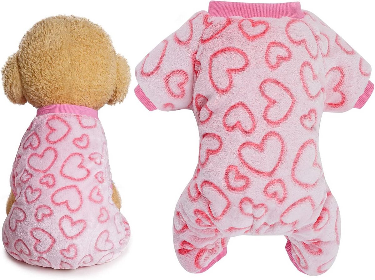 Warme Flannel Honden Pyjama met Hartjespatroon voor Kleine Honden en Katten