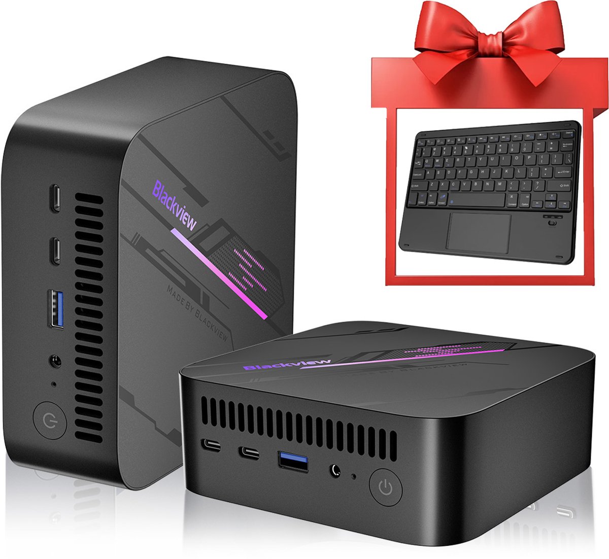 Blackview MP100 Mini PC met QWERTY toetsenbord - 16 GB DDR4 - 512 GB M.2 SSD - AMD Ryzen™ 5 7430U - Tot 4,3 GHz - Windows 11 Pro - WiFi 6 - USB 3.2 * 2 Type A 2.0 * 1 - 4K UHD - RGB-verlichting - BT 5.2 - Zwart