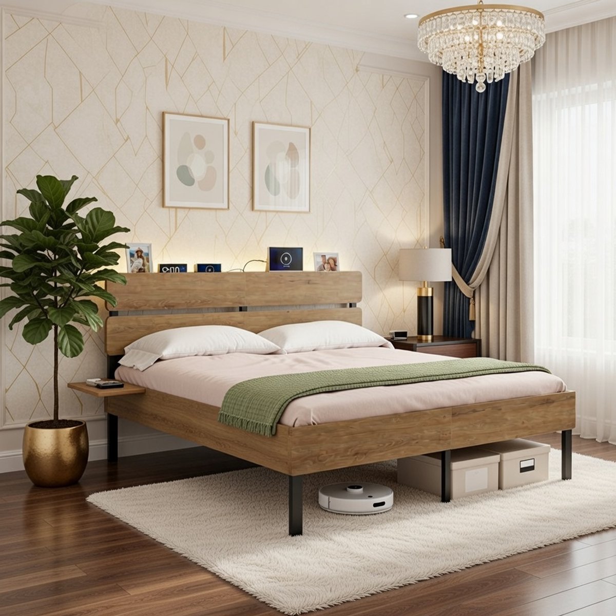 Luxe Tweepersoonsbed 140x200 cm - Industrieel Metalen Bedframe met LED-verlichting, USB-A & USB-C Poorten, Onderbedopslag en Eenvoudige Montage - Naturel Bruin Casa Serena