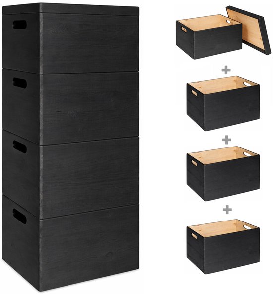 Stapel van vier zwarte houten opbergkisten met handgrepen. Eén kist heeft een los deksel.
