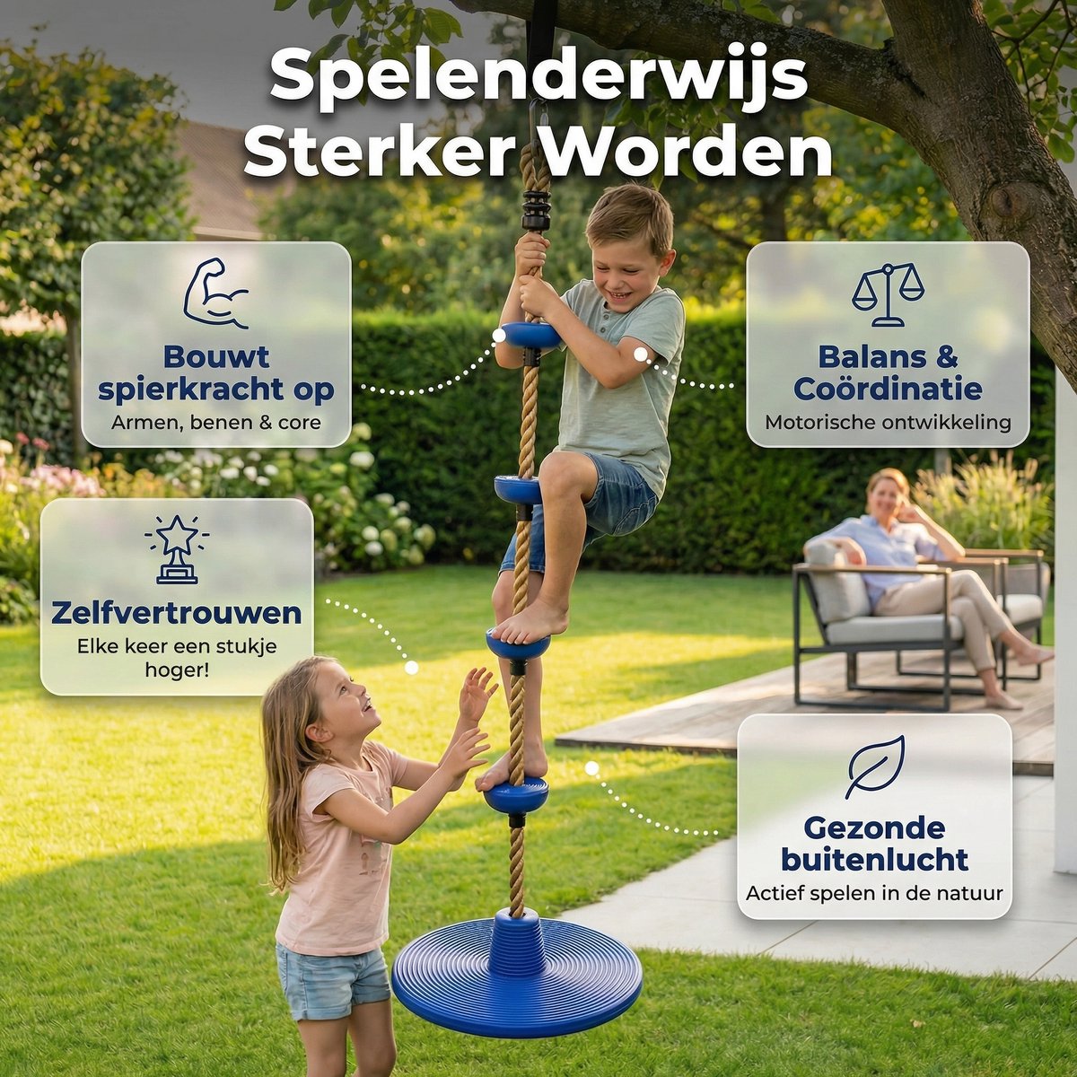JAXY Schotelschommel - Klimtouw Schommel met Knopen - Kinderschommel Buiten - Buitenspeelgoed - Schommelzitje - Blauw — afbeelding 13