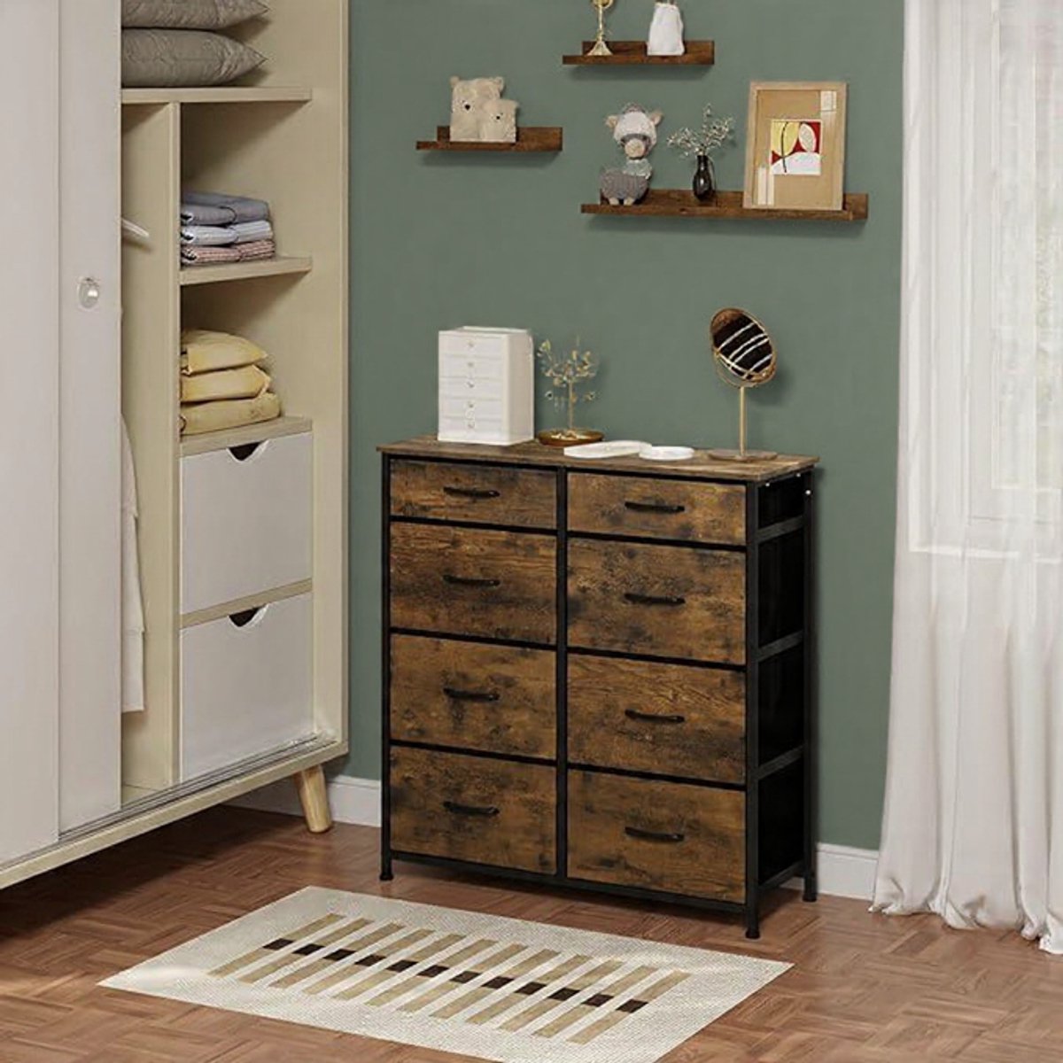 Torino Vintage Ladekast met 8 stoffen lades – Industriële ladekast met metalen frame – Kleine opbergbox voor slaapkamer, hal & woonkamer – 86x30x89 cm – Vintage Bruin Zwart Casa Serena