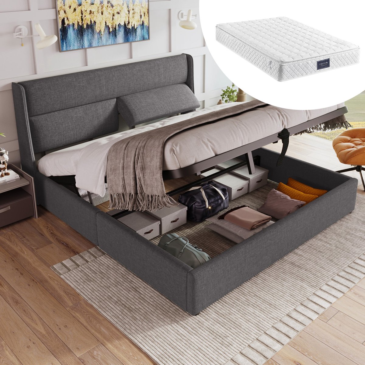 HAUSS SPOLE Gestoffeerd Bed 160x200 cm - Met Verstelbaar Hoofdeinde - Hydraulische Opbergruimte & Metalen Lattenbodem - Linnen - Grijs - Zonder matras