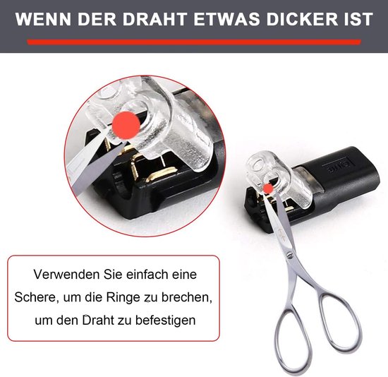 Snelsluitende connector met rode markering, wordt gebruikt om de ring te breken om de draad te bevestigen. Dit toont de werking bij dikkere draden.