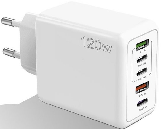 Usb Adapter – Oplader – Usb Stekker – 5 Poorten 120 Watt – Snellader – Usb C Adapter – Wereldstekker – Wit – Reisstekker