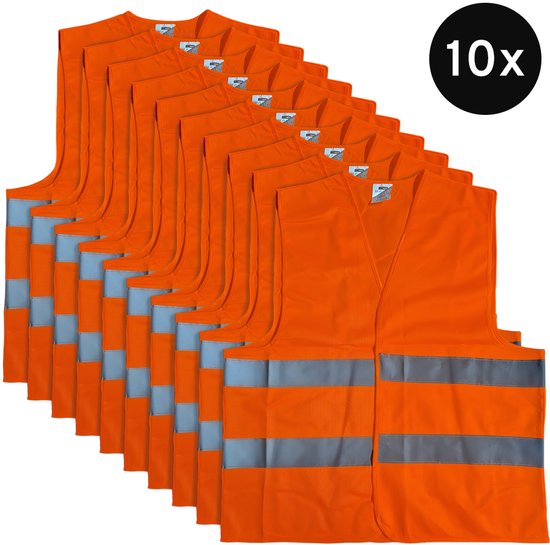 Tien oranje veiligheidshesjes met reflecterende banden, gerangschikt in een rij.
