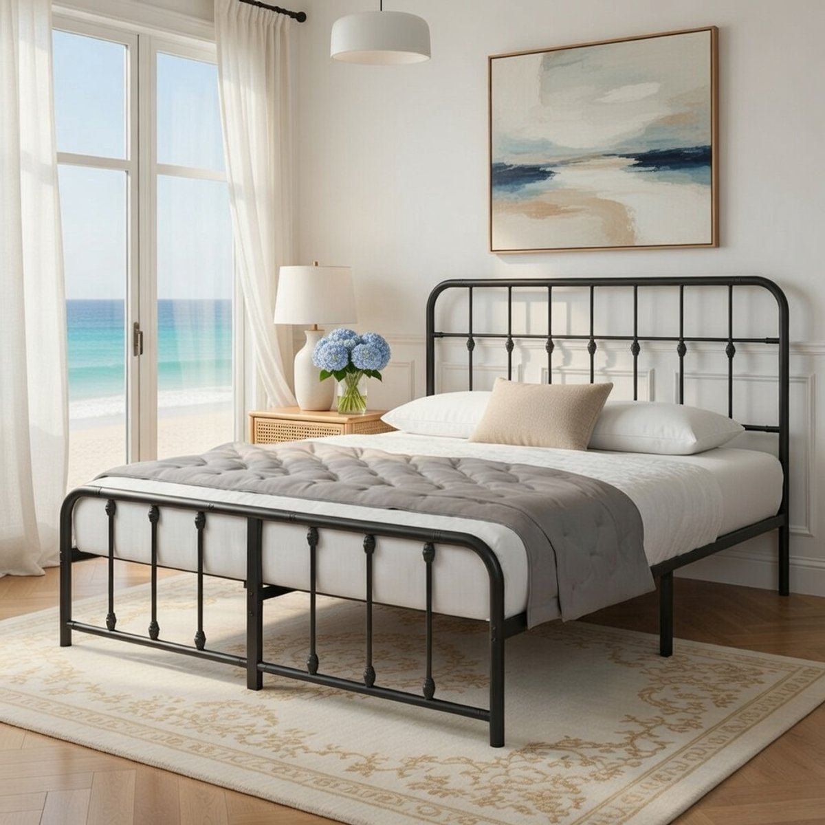Elegance Vintage Bedframe 140x200 cm - Zwart Metalen Bed met Hoofdeinde, Lattenbodem, 35 cm Opbergruimte, Industrieel Stijlvolbed Slaapkamer Zonder Boxspring Casa Serena