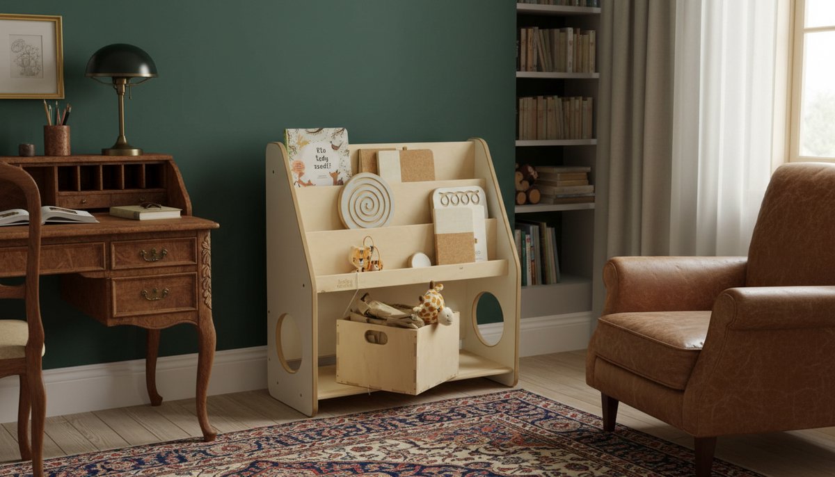 Montessori Boekenkast voor Kinderen – Casa Velluto Bambini 80 cm Houten Kinderboekenkast met Opbergkisten – Voorleesboek Rek met Omslagweergave – Veilig & Ruimtebesparend – Natuurlijk Hout