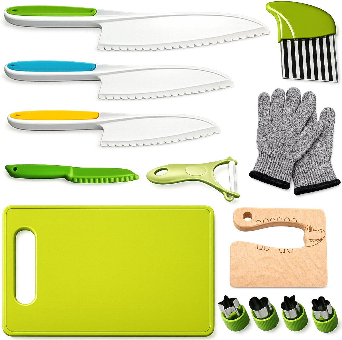 Bol.com Qwali Kindermessen set - 9 Delig - Kindvriendelijk materiaal - Montessori mes - Koken kinderen - Bak - Kook - Keukenmess... aanbieding