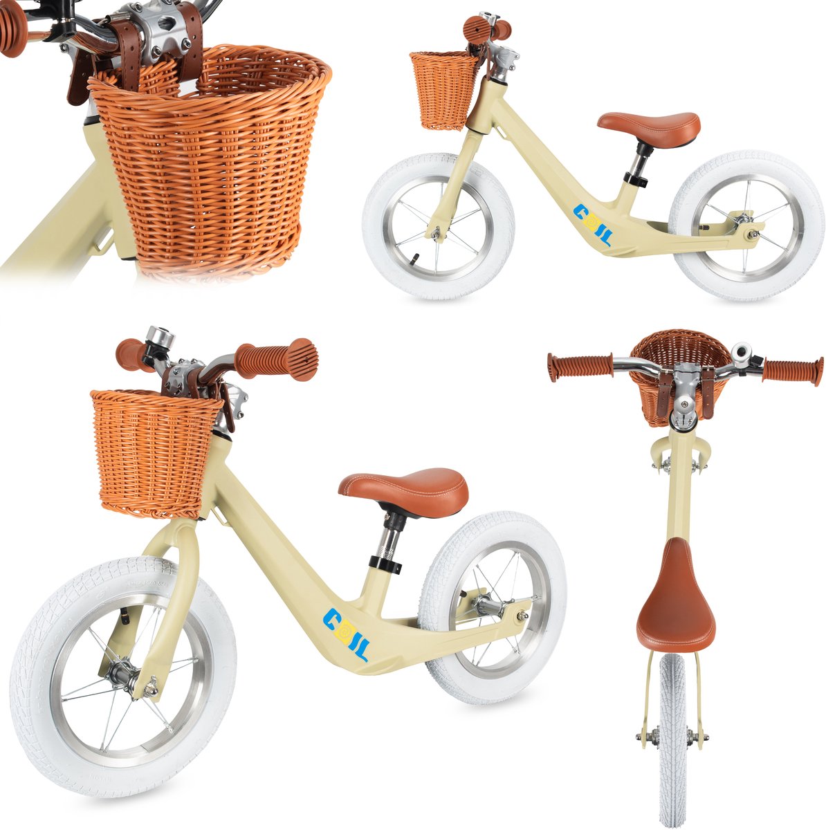 COIL Loopfiets met Rieten Mand – Kinder Loopfiets met Verstelbaar Zadel & Lekvrije Banden – 12 inch wielen - Stijlvol, licht en veilig - Vanaf 2 Jaar - Groente