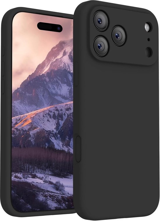 Zwart iPhone 17 Pro hoesje met matte afwerking en verhoogde cameralens bescherming.