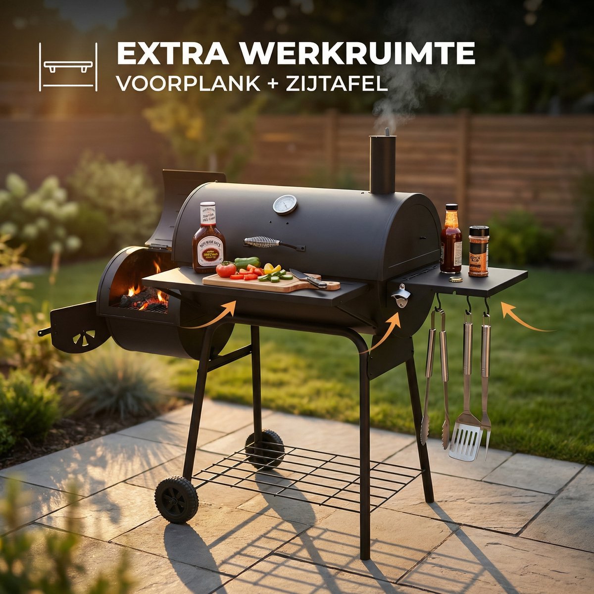 Lugia Houtskool BBQ - Smoker Barbecue – 136 cm – Grote Grill 66x41 cm - Warmhoudrek – Zijtafel met Flessenopener – Zwart – foto 3