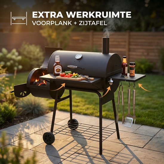 Lugia Houtskool BBQ met - Barbecue Smoker - 136 cm - Grote Grill 66x41 cm - Warmhoudrek - Zijtafel met Flessenopener - Zwart van Merkloos — afbeelding 3