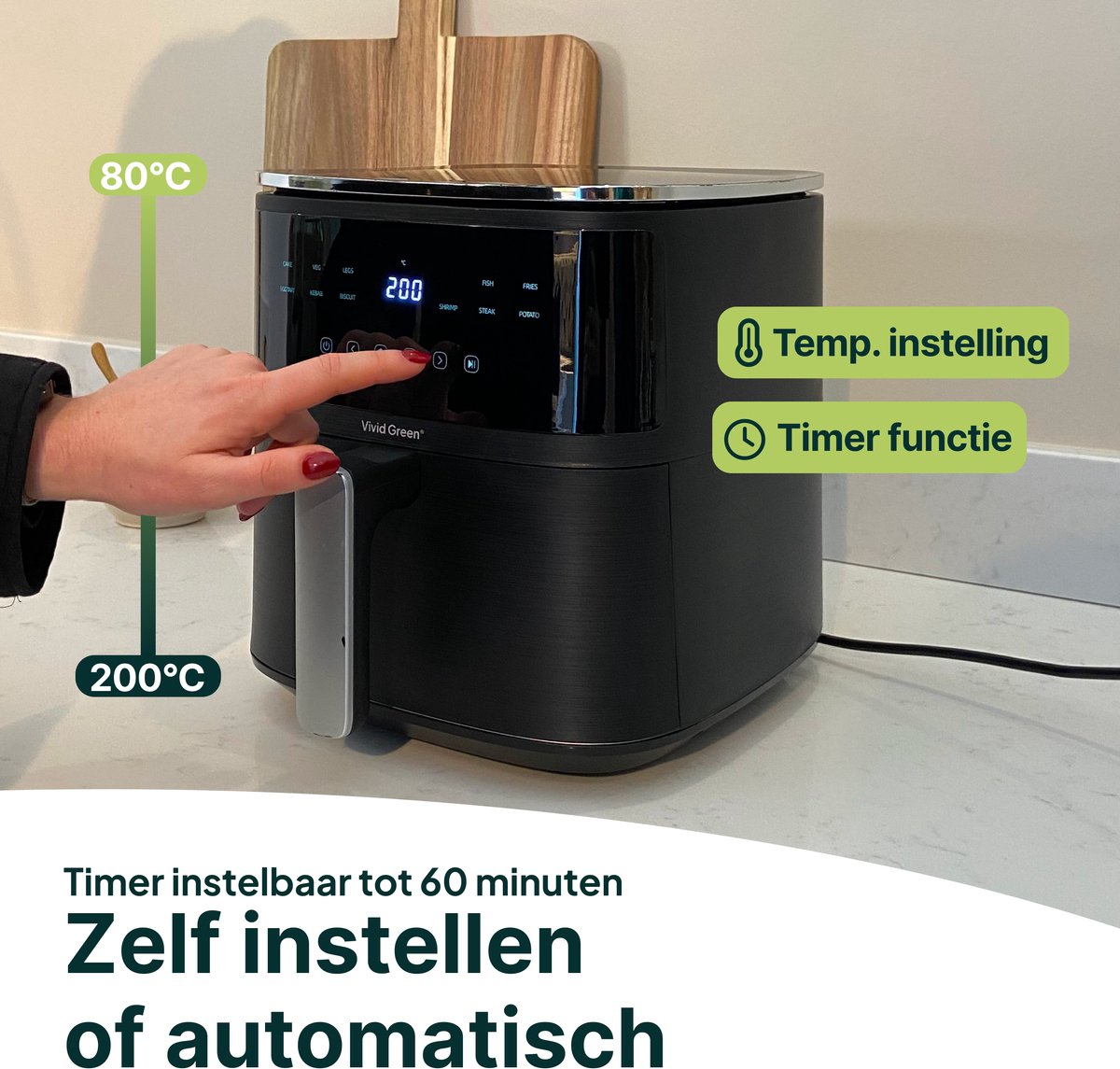 Vivid Green Airfryer 5L - Tot 4 Personen - PFAS-vrij - 12 Programma's - Digitaal Display — afbeelding 5