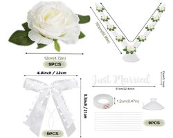 Bruiloft Auto Decoratie Set – Witte Motorkap Versiering met 6 Strikken, 9 Zuignappen Bloemen en Just Married Sticker – Trouwauto Versiering
