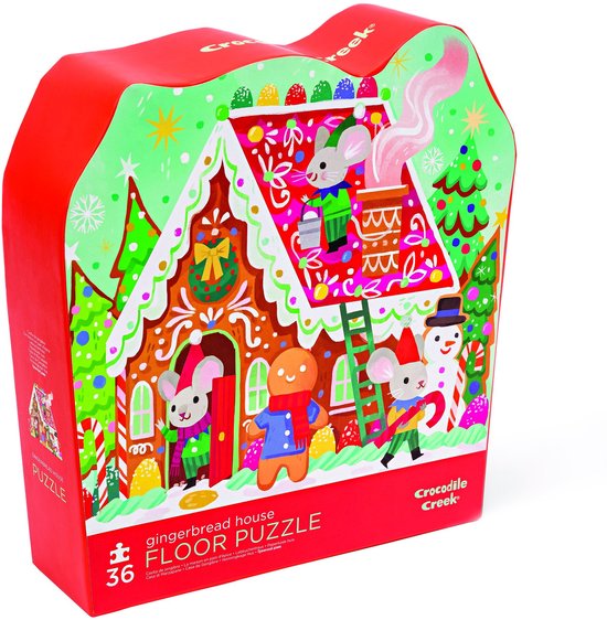 Kerstpuzzel van 36 stukjes in de vorm van een peperkoekhuis met muizen, sneeuwpop en kerstboom.