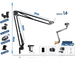 Microfoon Stand Heavy Duty Verstelbare Suspension Boom Arm Schaar Lente Ingebouwde Microfoon Stand Mount Standhouder schroef 1.4" Voor Voice record – Telefoon Stand – Tafelstatief – GoPro Stand Met GoPro Mount en Bluetooth Afstandsbediening HiCHiCO