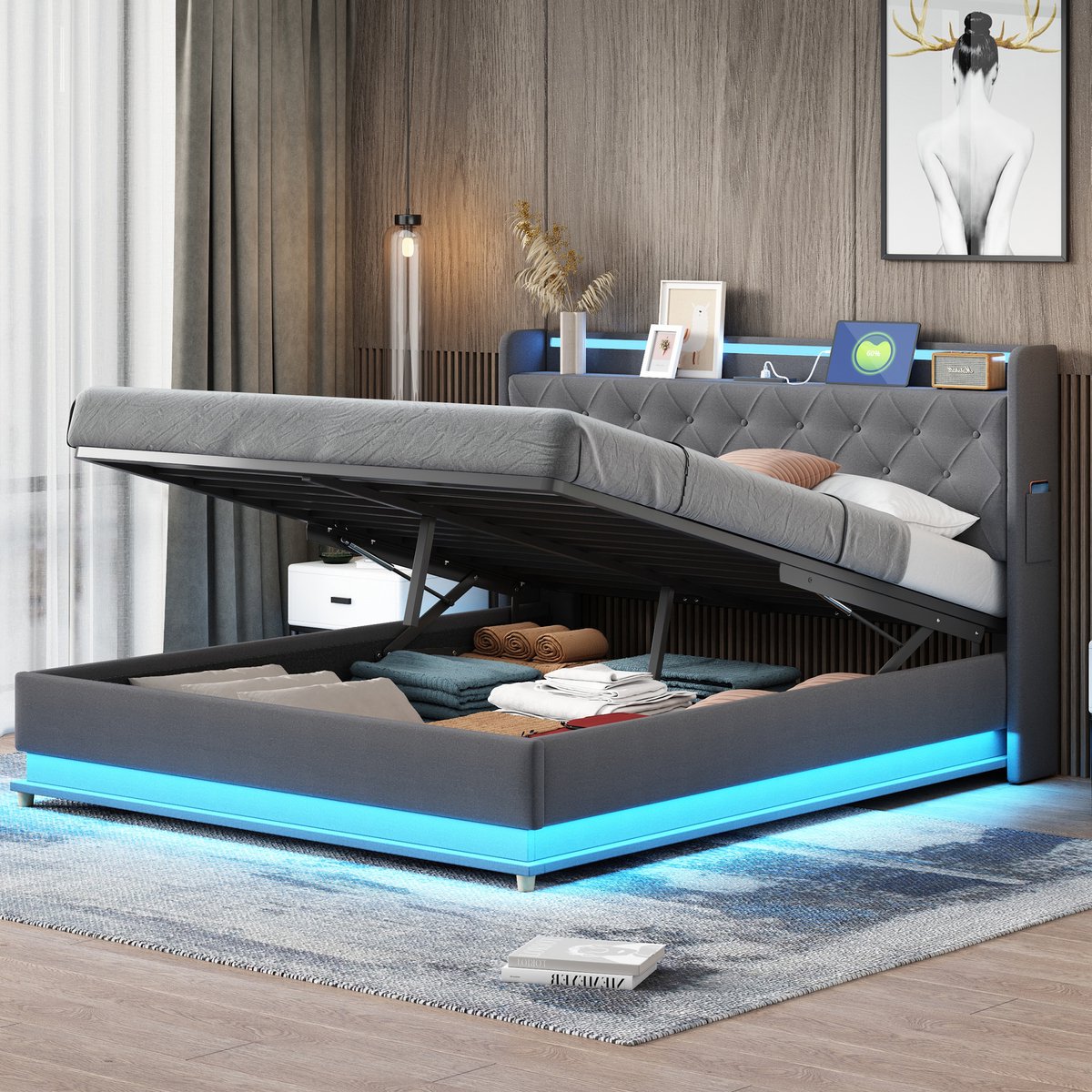 HAUSS SPOLE Gestoffeerd Bed 160x200 cm - Met Ledverlichting En Usb Aansluiting - Met Hydraulische Opbergruimte - Zonder Matras - Linnen - Grijs