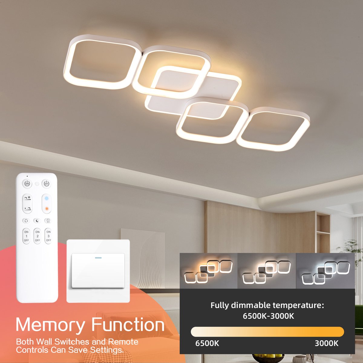 ANTENLICHT LED Plafonniére - 4 Plafondlamp Wit - Met verlichting - Woonkamer Lamp 50W - 3000K-6500K - 5600LM - Dimbaar - Met Afstandsbediening