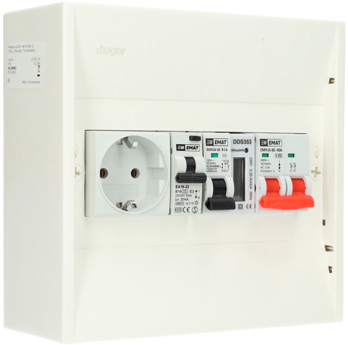 EMAT PV-verdeler B16 groep met B16 alamat, WCD, hoofdschakelaar en kWh meter (PV0010)