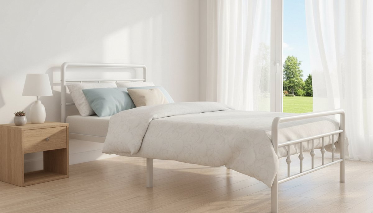 Single Bedframe 90x190 cm – Casa Velluto Vintage Stijl Metalen Bed met Hoofdeinde en Voetenbord, Heavy Duty Stalen Lattenbodem, Geluidsvrij, Duurzaam, Eenvoudige Montage, Wit