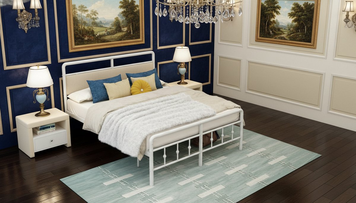 Metalen Bedframe 150x200 cm Wit – Duurzaam King Size Bed met Victoriaans Hoofdeinde en Voetenbord, Stalen Lattenbodem, Stil en Heavy Duty, Casa Velluto