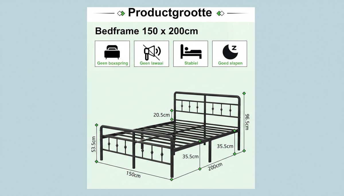 Metalen Tweepersoonsbed 150x200 cm Wit – Duurzaam Casa Velluto Bedframe met Victoriaans Hoofdeinde en Voetenbord, Stalen Lattenbodem, Heavy Duty, Stil en Eenvoudig te Monteren