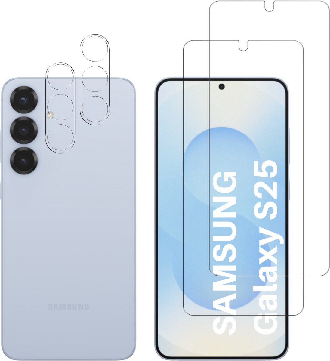 Screenprotector geschikt voor Samsung Galaxy S25 - 2 stuks Beschermglas van glas Transparante glazen schermbeschermfolie + 2 stuks Camera Protector