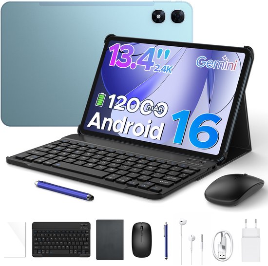 Aorlym P13 Pro - Tablet - 12 GB RAM + 256 GB ROM (2 TB/TF) - 13,4 inch tablet FHD+ 120 Hz - Android 16 - UNISOC T7280 - 12000 mAh - 4G LTE - Wi-Fi 5 - Bluetooth 5.0 - Inclusief toetsenbord, muis, Stylus en hoesje - Dubbele luidsprekers - Blauw