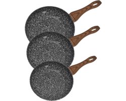 Kookpannenset - 3-delig - Frying Pan Set - Met Siliconen Coating Handgreep - Anti-aanbak - Inductiegeschikt - Duurzaam & Functioneel - Ø20 / Ø24 / Ø28 cm - Marble Grey