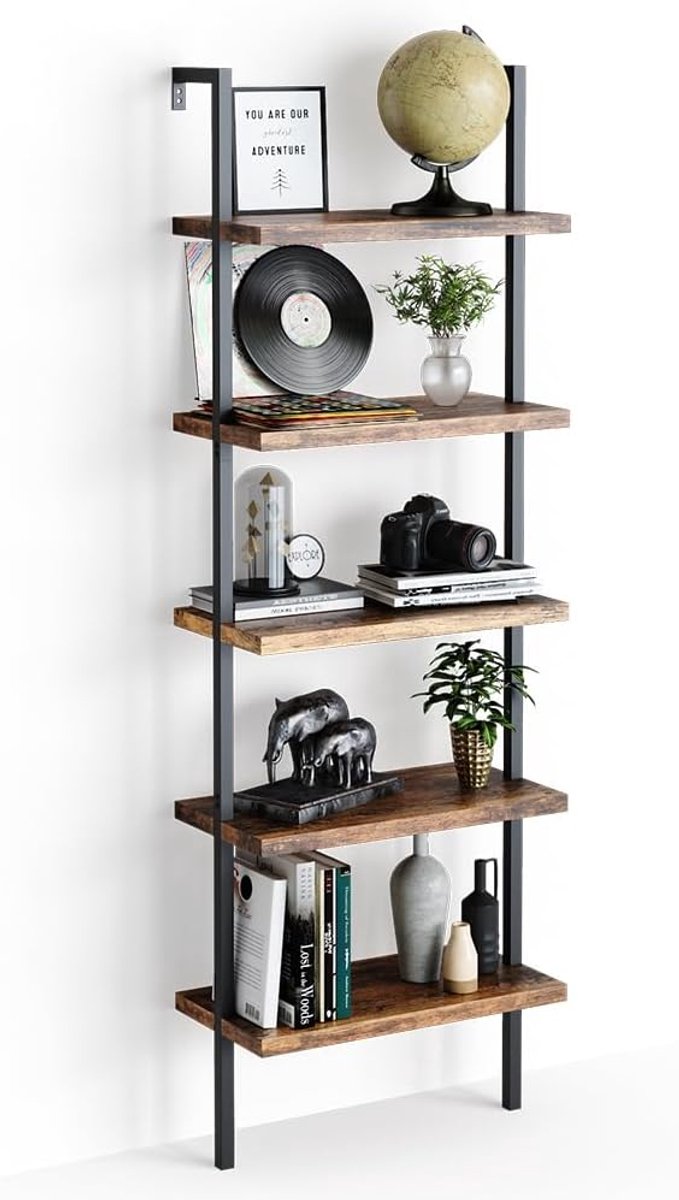 Ladderrek Industrieel 60x183 cm – Casa Velluto LoftLine Ava – Boekenkast met 5 Open Planken in Antiek Hout – Wandrek / Staand Rek met Metaal Frame voor Woonkamer & Kantoor