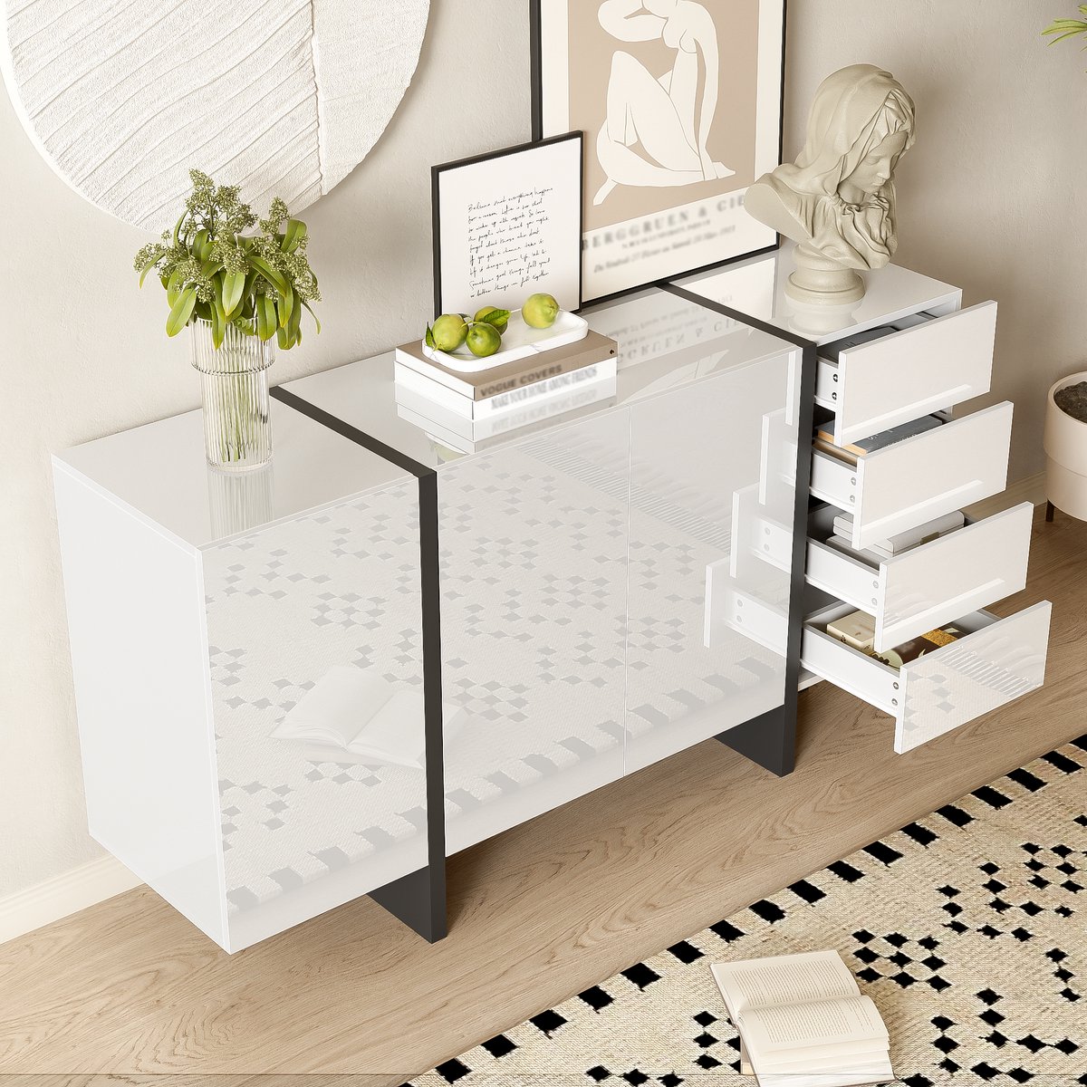 HAUSS SPOLE Dressoir - Hoogglans Met 2 Deuren En 4 Lades - Voor Woonkamer En Eetkamer - MDF Spaanplaat - Wit Zwart - 150x40x80,5 Cm